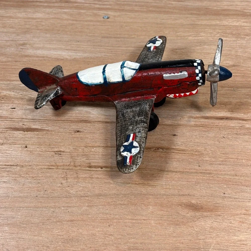 Vintage Cast Iron P-41 Fighter Plane Model WWII Style Shark Mouth Metal Aircraft
